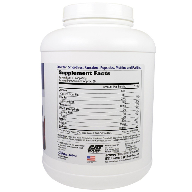 GAT, Изолят Сывороточного Протеина, Белковый Коктейль для Наращивания Мышечной Массы, Высококачественный Шоколад, 5 фунтов (2268 г)