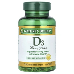 Nature's Bounty, D3, Immune Health, 25 мкг, 1000 МЕ, 350 мягких таблеток с быстрым высвобождением