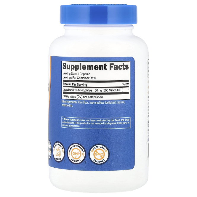 Nutricost, Лактобактерии ацидофильные, 50 мг (500 млн КОЕ), 120 капсул