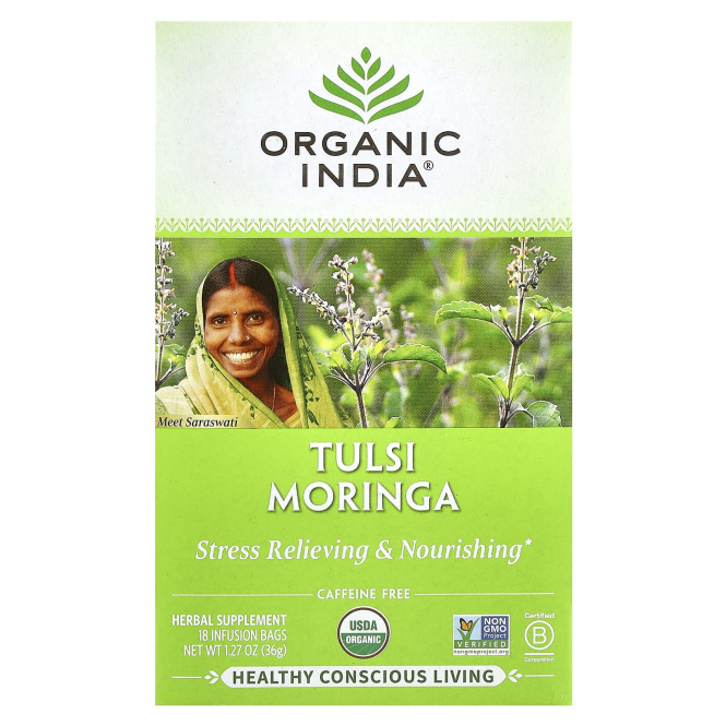 Organic India, чай тулси и моринги, без кофеина, 18 пакетиков для заваривания, 36 г (1,27 унции)