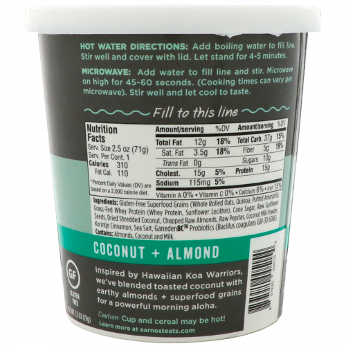 Earnest Eats, Protein Probiotic Oatmeal, Coconut Warrior, 2.5 oz (71 g)