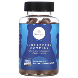 Sunergetic, Жевательные мармеладки с бузиной, с черной бузиной, витамином С и цинком, малиной, 90 жевательных таблеток