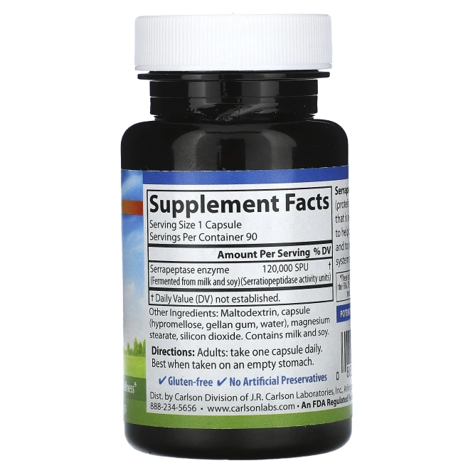 Carlson Labs, Серрапептаза, 120 000 единиц серрапептазы, 90 вегетарианских капсул