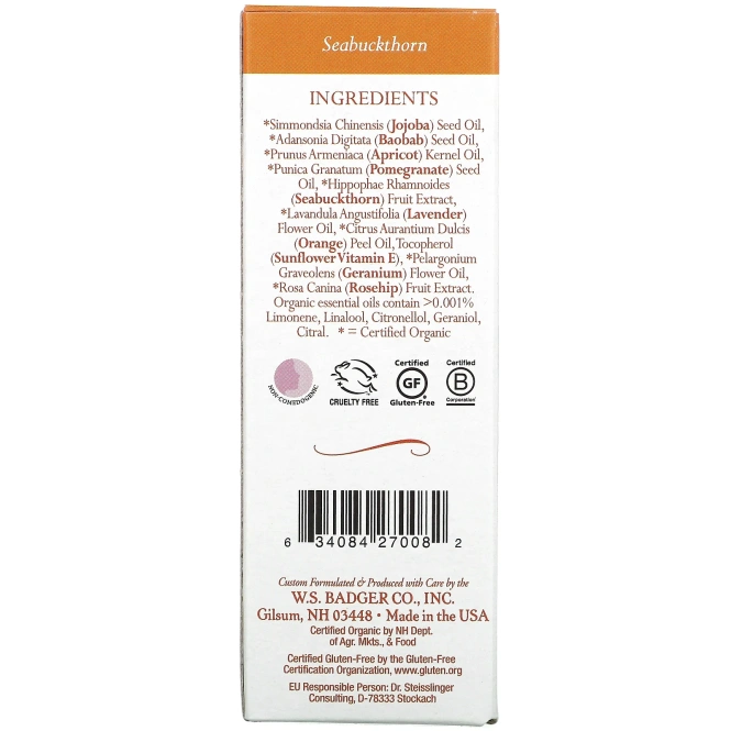 Badger Company, Облепиховое масло для лица, для нормальной и сухой кожи, 1 жидкая унция (29.5 мл)