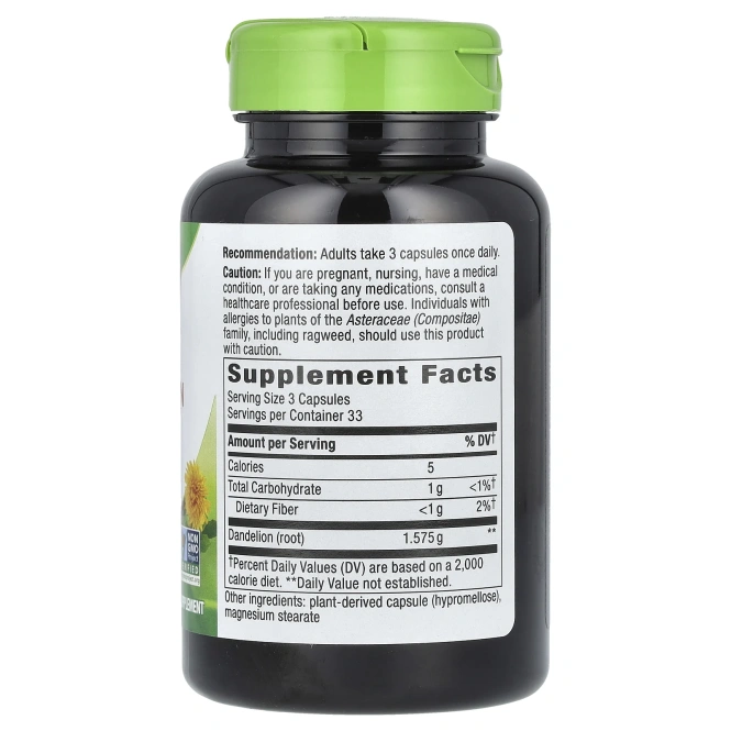 Nature's Way, корень одуванчика, 1575 мг, 100 веганских капсул (525 мг в 1 капсуле)