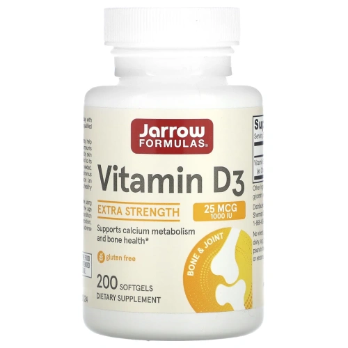 Jarrow Formulas, витамин D3, холекальциферол, 25 мкг, 1000 МЕ, 200 мягких таблеток
