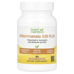 Super Nutrition, Akkermansia 30B PLUS, пастеризованная аккермансия (A. Muciniphila), с берберином и олеилэтаноламином, 60 растительных капсул