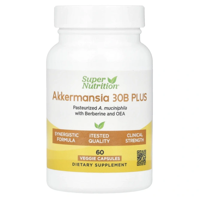 Super Nutrition, Akkermansia 30B PLUS, пастеризованная аккермансия (A. Muciniphila), с берберином и олеилэтаноламином, 60 растительных капсул