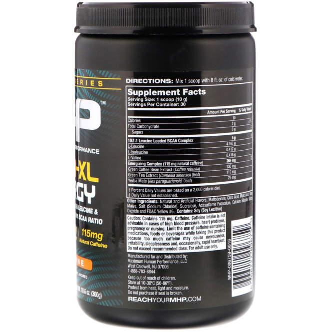 Maximum Human Performance, LLC, Премиальная серия, BCAA-XL, энергия, мандарин, 10,6 унций (300 г)