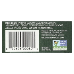 Wild Planet, Сардины, выловленные в диких условиях, в оливковом масле первого отжима, Слегка подкопченные, 4,4 унц. (125 г)