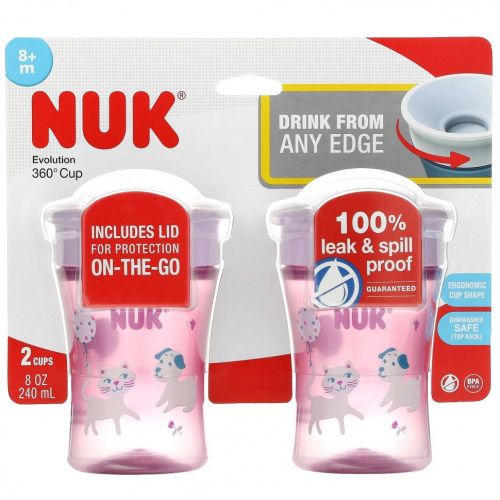 NUK, Evolution 360 Cup, от 8 месяцев, розовый, 2 упаковки, 8 унций (240 мл) каждая