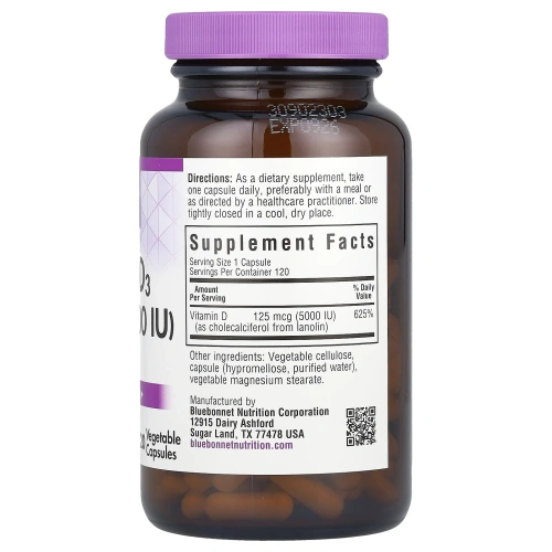 Bluebonnet Nutrition, Витамин D3, 5000 МЕ, 120 капсул в растительной оболочке