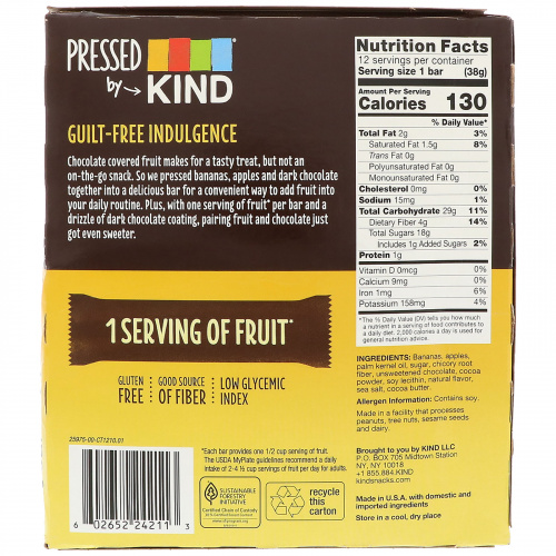 KIND Bars, Pressed by KIND, Темный шоколад и банан, 12 фруктовых батончиков, 1,35 унц. (38 г) каждый