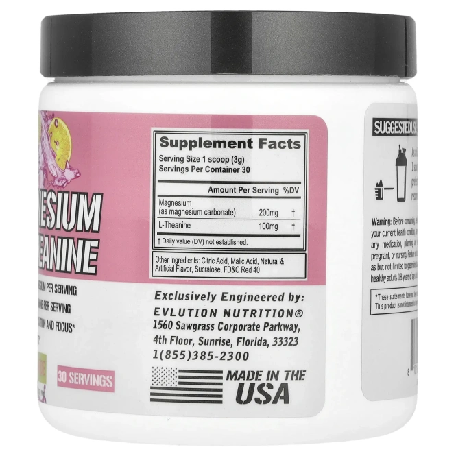 EVLution Nutrition, магний и L-теанин, со вкусом розового лимонада, 90 г (3,17 унции)