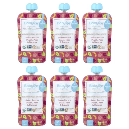 BabyLife Organics, детское питание, для детей от 6 месяцев, батат, персик, груша и банан, 6 паучей по 99 г (3,5 унции)