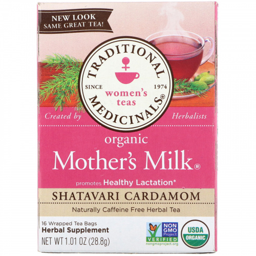 Traditional Medicinals, Organic Mother's Milk, Shatavari Cardamom, без кофеина, 16 упакованных пакетиков, каждый по .06 унц. (1.8 г)