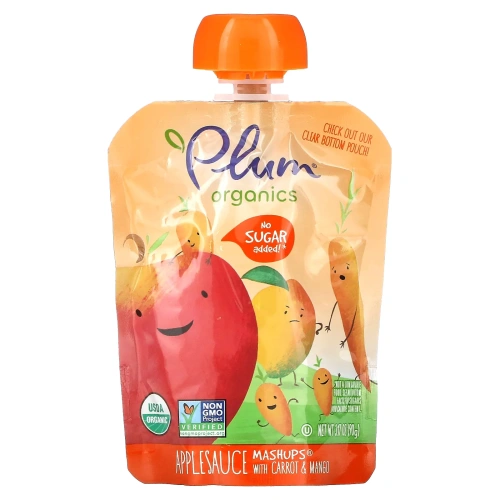 Plum Organics, "Морковная нарезка", фруктовое пюре с яблоком, морковью и манго, 4 пакета по 3,17 унций (90 г)