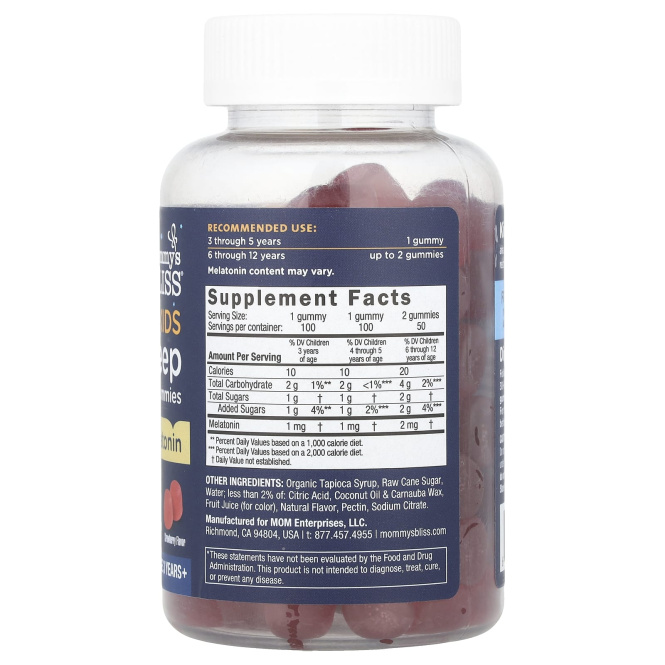 Mommy's Bliss, жевательные таблетки для сна с мелатонином, для детей от 3 лет, со вкусом клубники, 1 мг, 100 жевательных таблеток