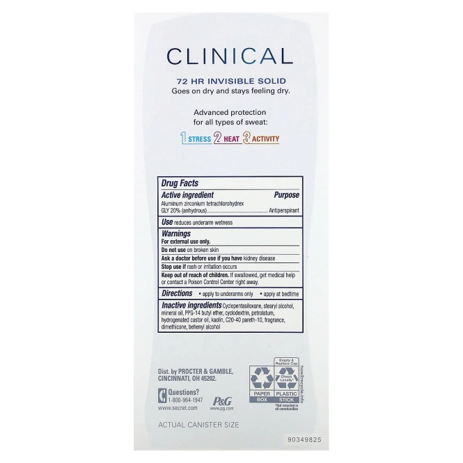 Secret, Clinical 72 HR, невидимый твердый дезодорант, полное очищение, 73 г (2,6 унции)