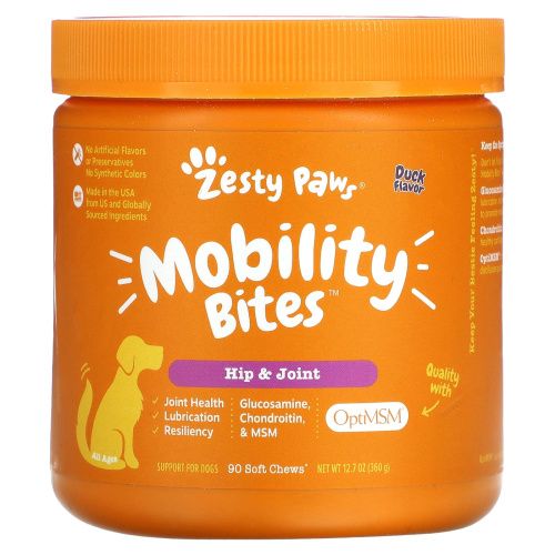 Zesty Paws, Mobility Bites для собак, поддержка бедер и суставов, вкус утки, 90 мягких жвачек