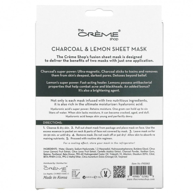 The Creme Shop, Fusion Beauty, тканевая маска, древесный уголь и лимонад, 5 шт., 125 г (4,40 унции)