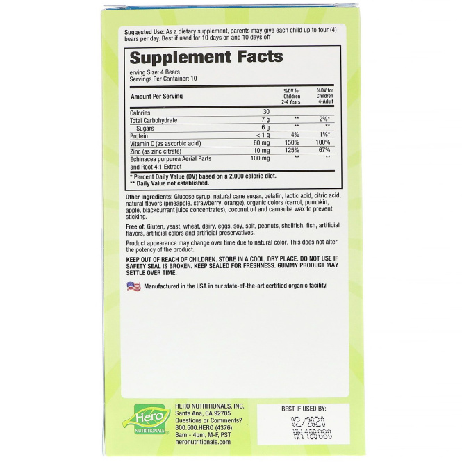 Hero Nutritional Products, Yummi Bears, Эхинацея + витамин C + цинк, 40 мишек