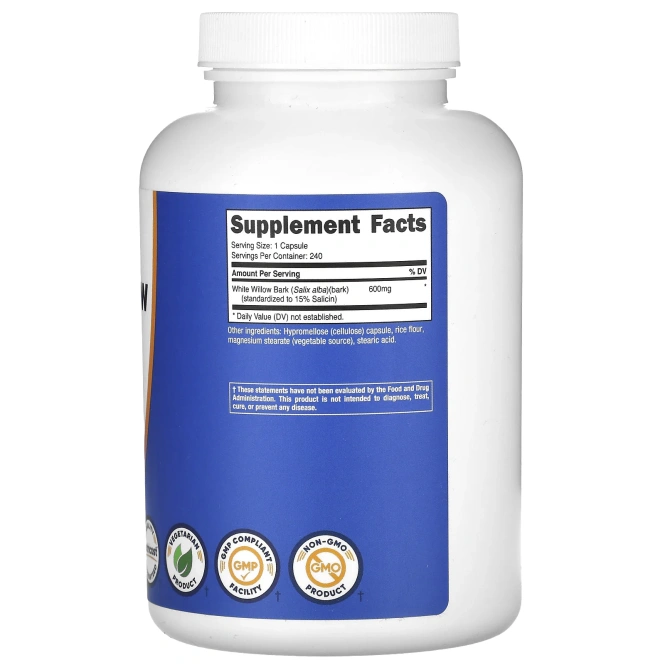 Nutricost, кора белой ивы, 600 мг, 240 капсул