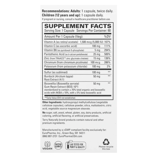 EuroPharma, Terry Naturally, Базовые средства против акне, 60 капсул