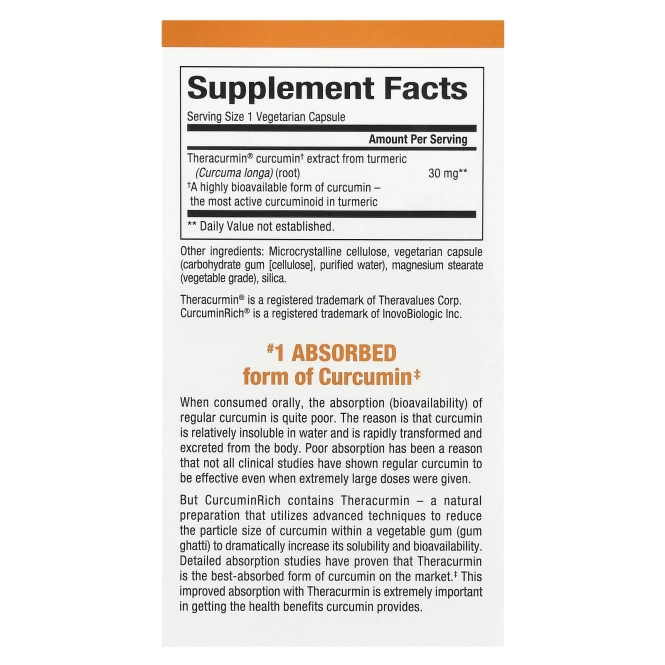 Natural Factors, CurcuminRich, Theracurmin, куркумин, 120 растительных капсул