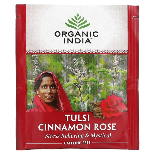 Organic India, Чай с базиликом Holy Basil, без кофеина, корица роза, 18 пакетиков для заваривания, 1,14 унции (32,4 г)