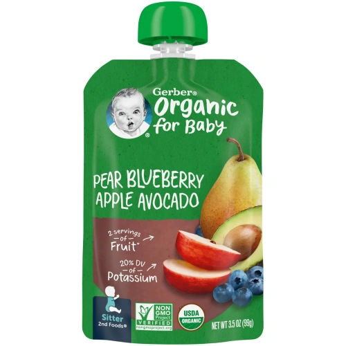 Gerber, Organic, Smart Flow, Sitter, 2nd Foods, Pear, Blueberry, Apple, Avocado, 3.5 oz (99 g)