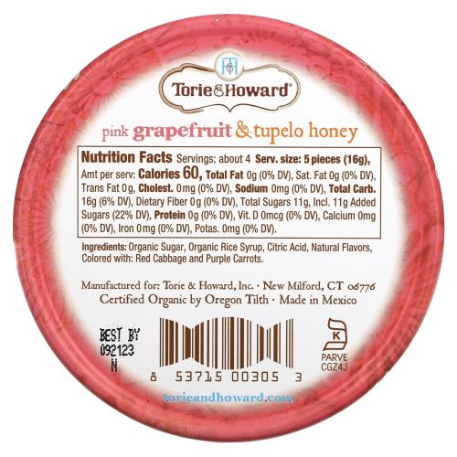 Torie & Howard, Органические леденцы, розовый грейпфрут и мед Тупело, 57 г (2 унции)