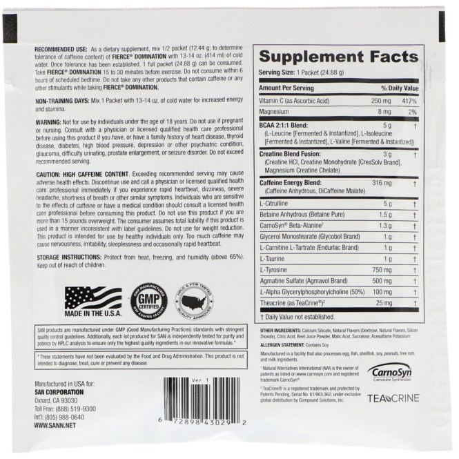 SAN Nutrition, Fierce Domination, повышающая работоспособность и миотропная предтренировочная формула, яростный фруктовый пунш, 0,88 унции (24,8 г)