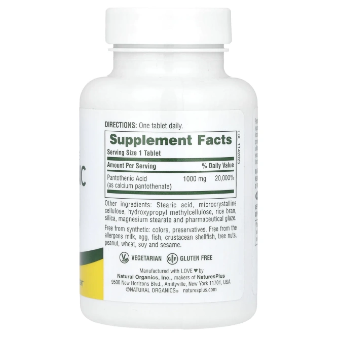Nature's Plus, Пантотеновая кислота, 1000 мг, 60 таблеток