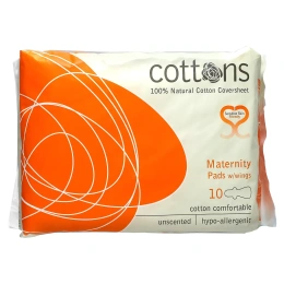 Cottons, Прокладки ночные с крылышками, покрывающий слой из 100% хлопка, для большого объема выделений, 10 штук