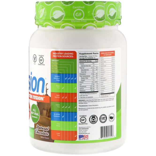 RawFusion, Raw Plant-Based Protein Fusion, Natural Chocolate, 2.05 lbs (931 g)