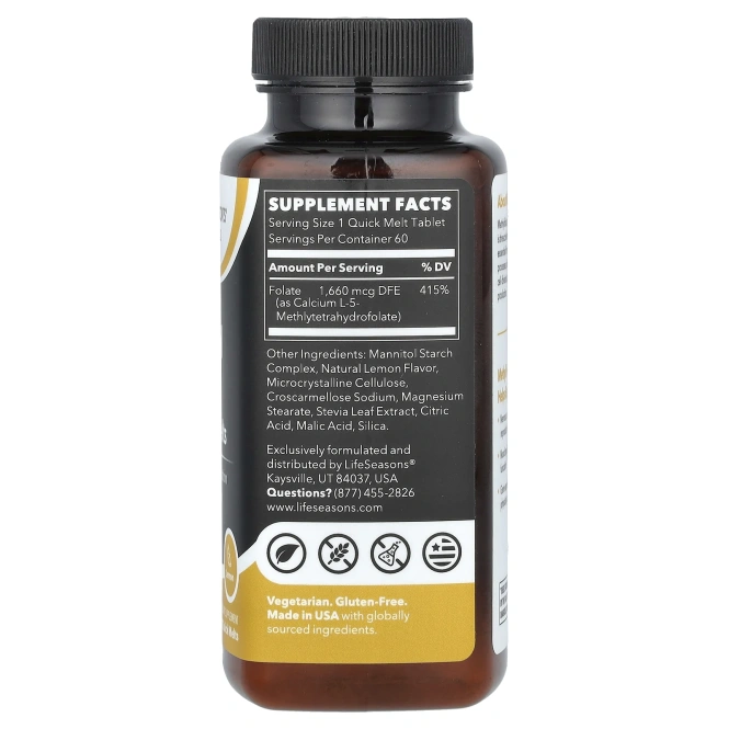 LifeSeasons, Метилфолат, быстро расплавленный, с лимоном, 60