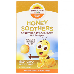 Sundown Naturals Kids, Honey Soothers, Sore Throat Lollipops, Aww-Some Orange, 10 Pectin Pops