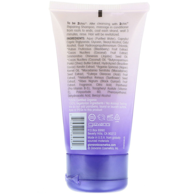 Giovanni, 2chic, восстанавливающий кондиционер, для поврежденных, подвергшихся излишней обработке волос, черника и кокосовое молоко, 44 мл