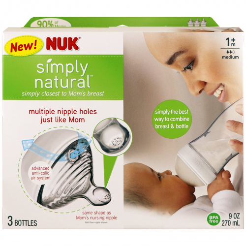 NUK, Simply Natural, бутылочки, от 1 месяца, 3 штуки, 9 унц. (270 мл) каждая