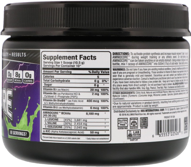 ALLMAX Nutrition, AMINOCORE, BCAA, 8G BCAAs, 100% Pure 45:30:25 Ratio, Gluten Free, Key Lime Cherry, 3.70 oz (105 g)