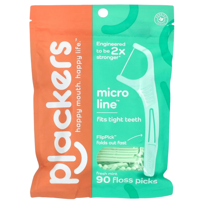 Plackers, Micro Mint, зубочистки с нитью, мята, 90 шт.
