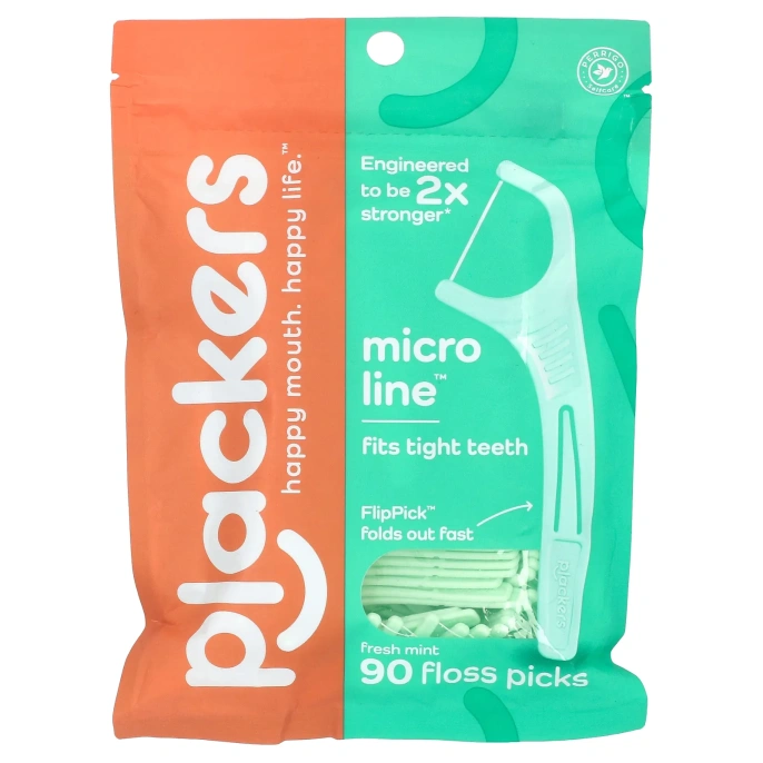 Plackers, Micro Mint, зубочистки с нитью, мята, 90 шт.