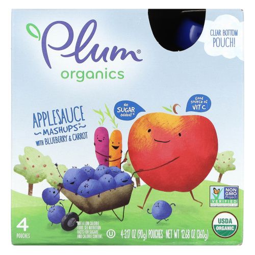 Plum Organics, Органический продукт, аппетитная смесьмс черникой и морковью, 4 упаковки, 3,17 унц. (90 г) в каждой