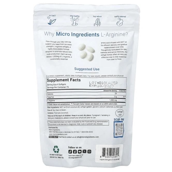 Micro Ingredients, L-аргинин, 300 капсул (250 мг в 1 капсуле)