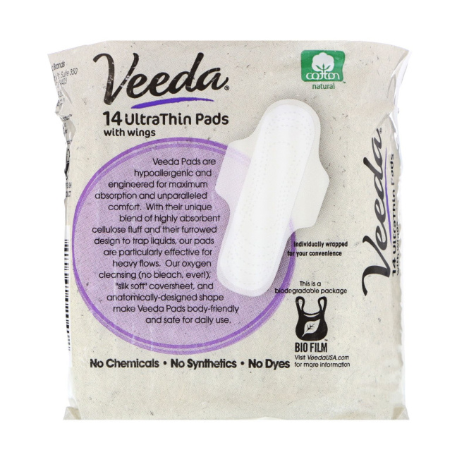 Veeda, Natural Cotton Pads with Wings, Ultra Thin, 14 Pads