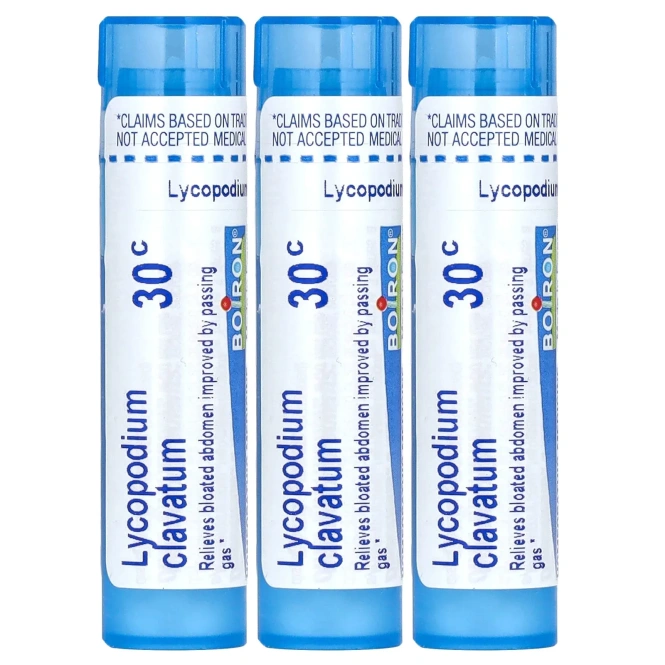 Boiron, Lycopodium, от вздутия живота и газообразования, гранулы Meltaway, 30C, 3 пробирки, 80 гранул в каждой