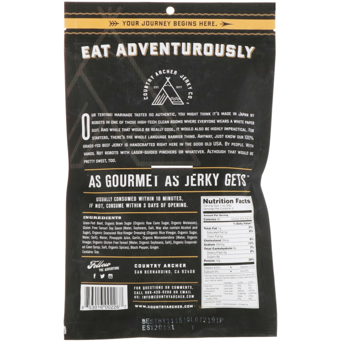 Country Archer Jerky, Beef Jerky, Teriyaki, 8 oz (227 g)