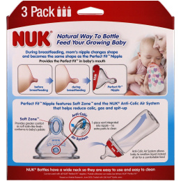 NUK, Бутылка с отлично подходящей соской, от 0 месяцев, средняя, сердца, 3 бутылки с широким горлом, 300 мл (10 унций) каждая
