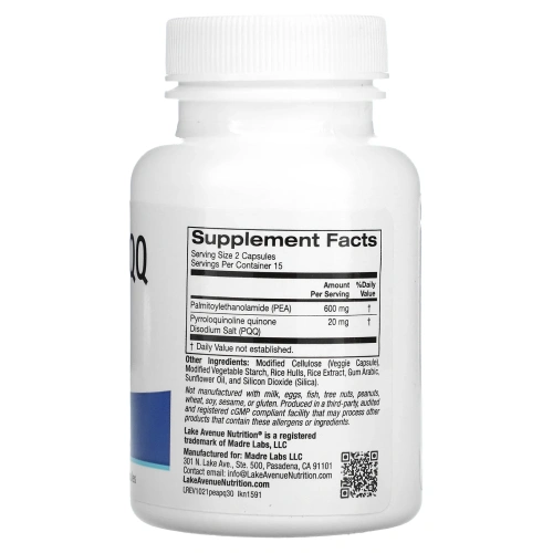 Lake Avenue Nutrition, PEA (пальмитоилэтаноламид) с PQQ, 30 растительных капсул
